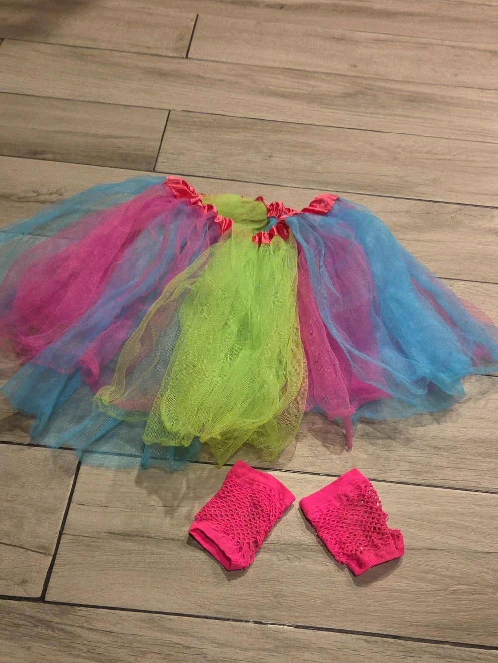 Kids Neon Multi-Color Tutu Skirt with Pink Wrist Warmers 80s Costume